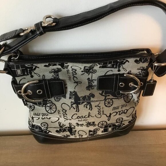 Coach Signature Horse & Carriage Jacquard & Black Leather Shoulder Bag No. 14441 - Picture 6 of 11
